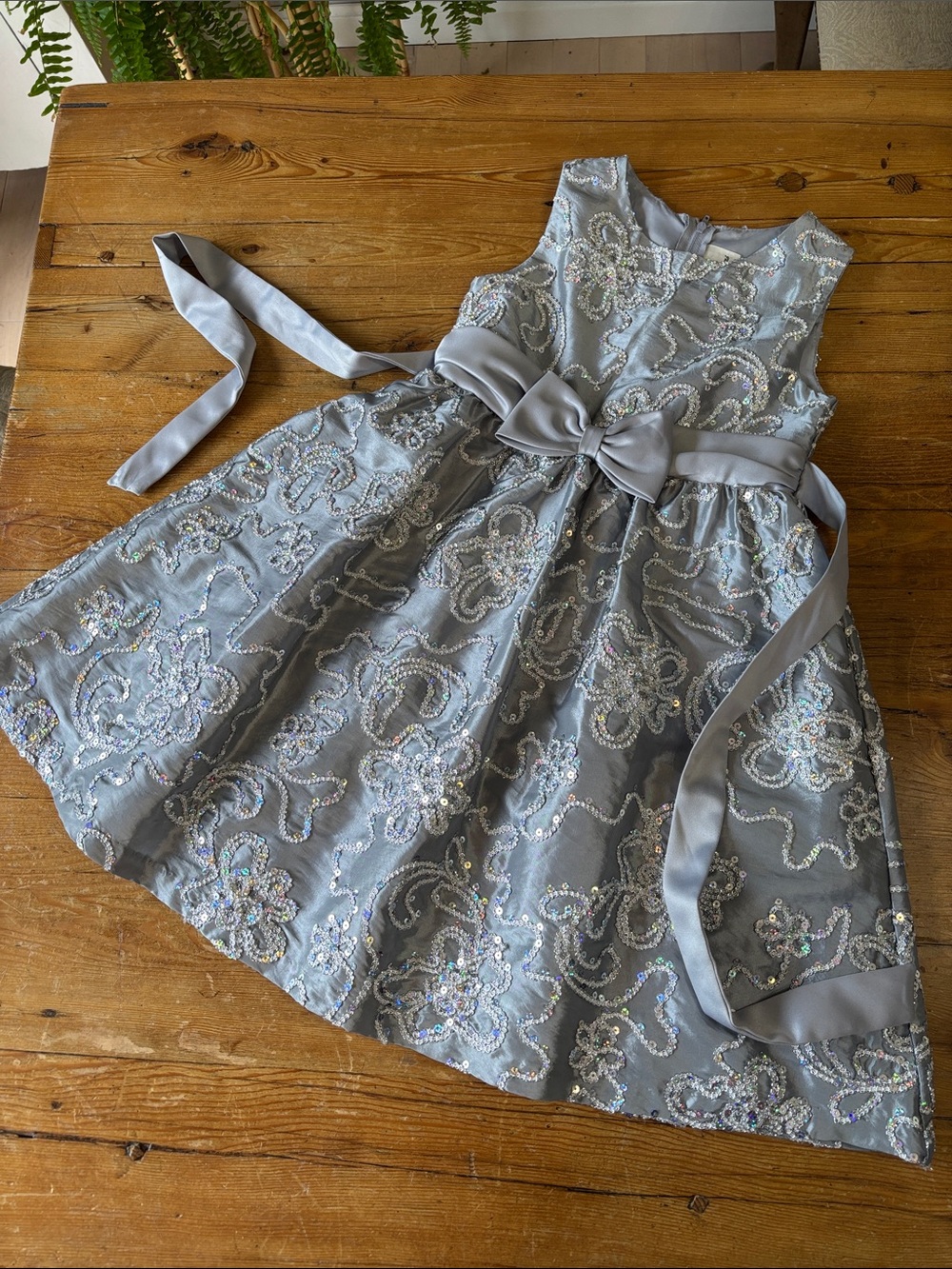 Rare Editions Silver Sequined Floral A-Line Dress with Bow Sash